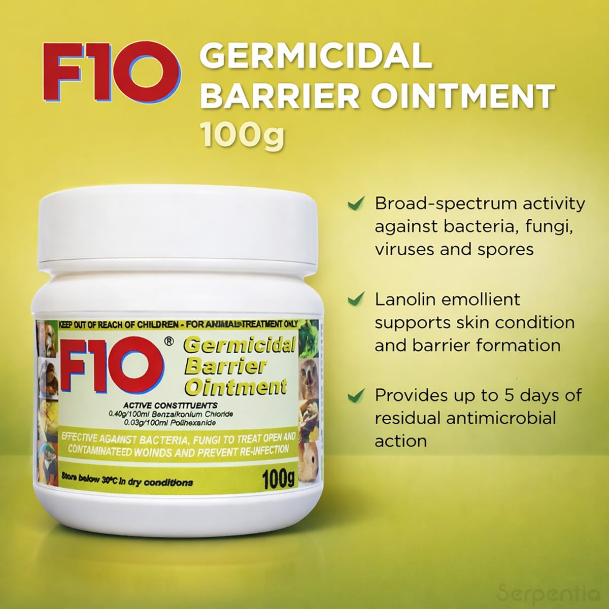 F10 Germicidal Barrier Ointment 100g infographic highlighting broad spectrum antibacterial and antifungal activity.