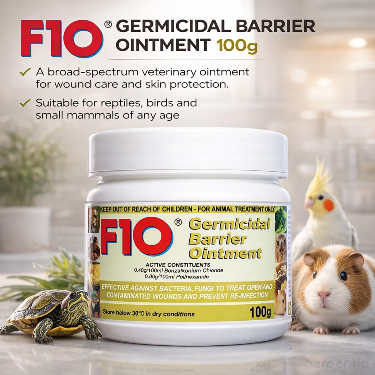 F10 Germicidal Barrier Ointment 100g suitable for reptiles, birds and small mammals including turtles, cockatiels and guinea pigs.