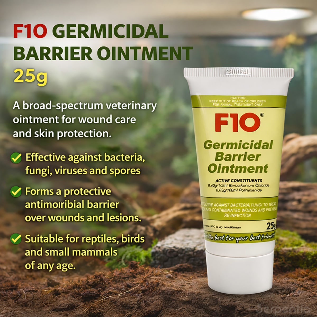 F10 Germicidal Barrier Ointment 25g key benefits including broad-spectrum antimicrobial activity and protective barrier formation.