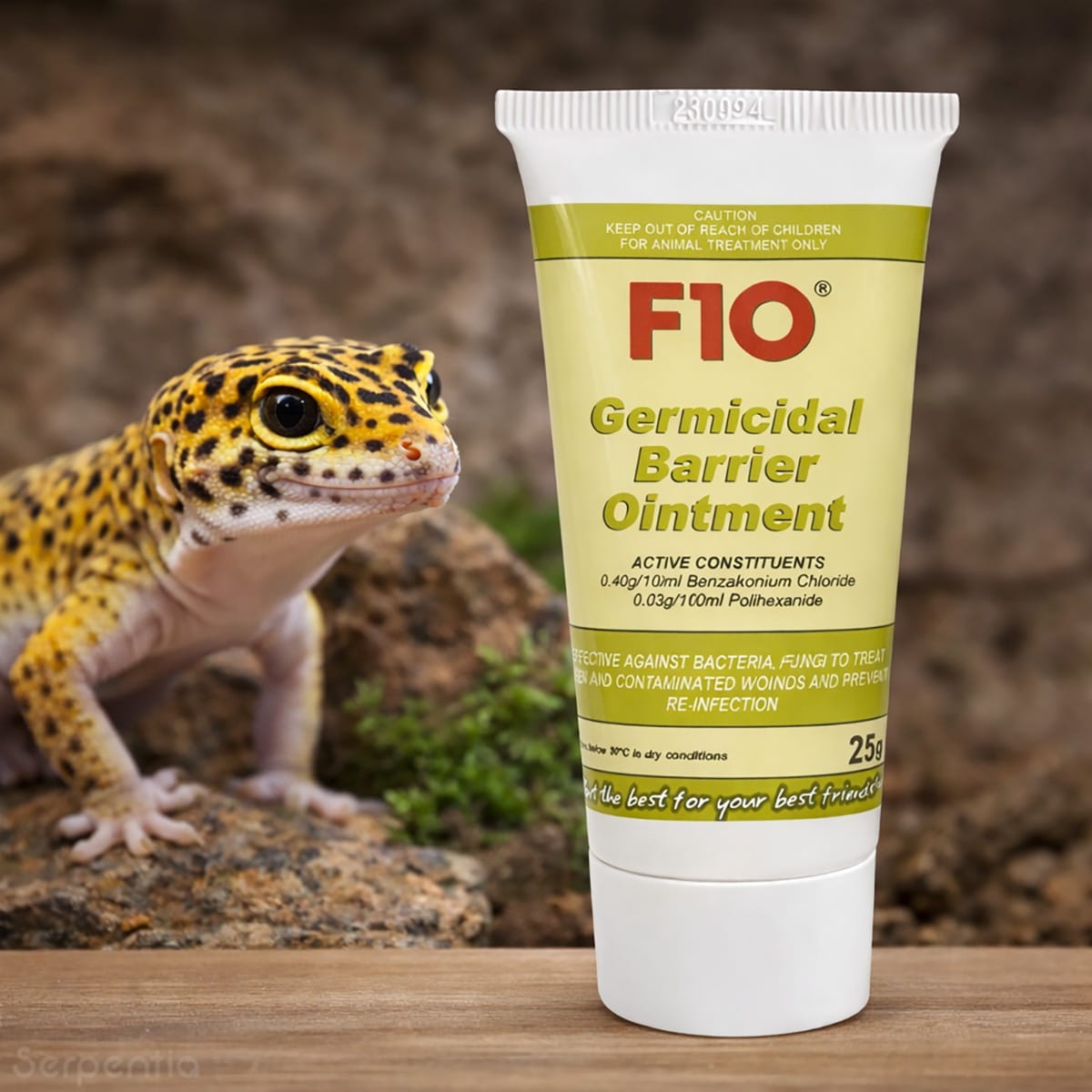 F10 Germicidal Barrier Ointment 25g shown with leopard gecko for reptile wound care and skin protection.