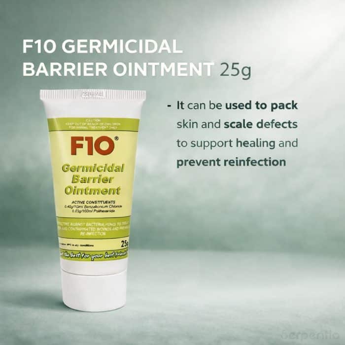 F10 Germicidal Barrier Ointment 25g tube for treating skin and scale defects and preventing reinfection in reptiles and birds.