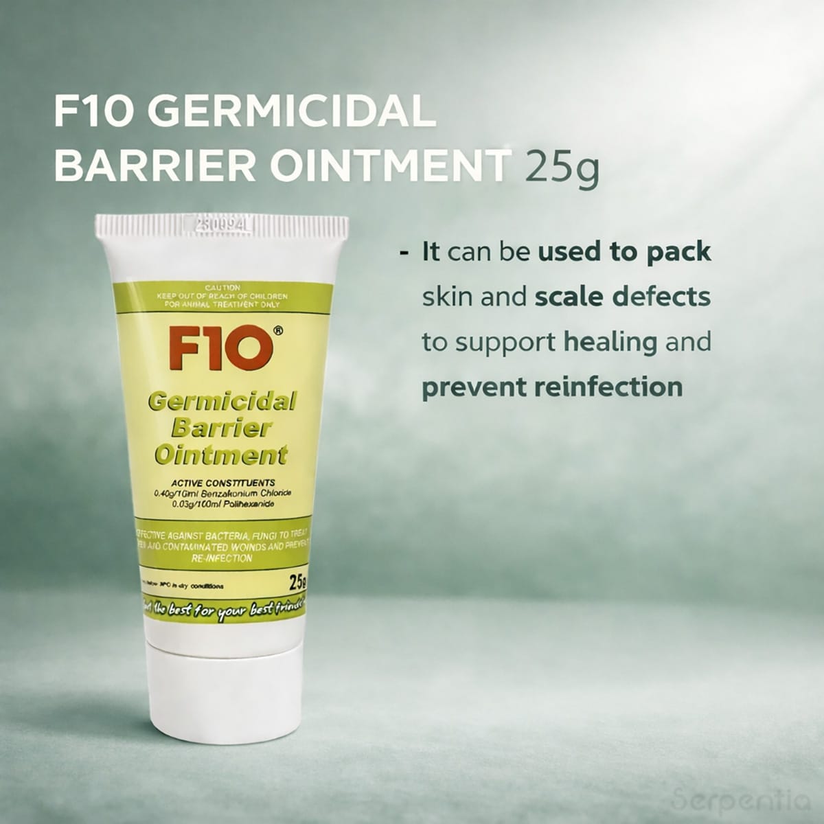 F10 Germicidal Barrier Ointment 25g tube for treating skin and scale defects and preventing reinfection in reptiles and birds.