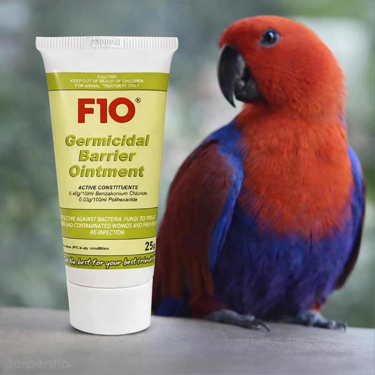 F10 Germicidal Barrier Ointment 25g tube beside parrot, suitable for birds and exotic species wound care.