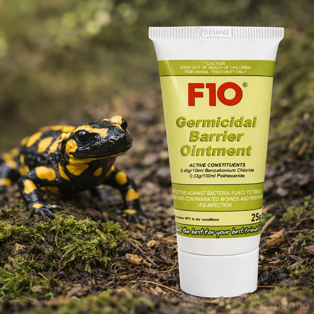F10 Germicidal Barrier Ointment 25g for amphibians, providing antimicrobial protection for wounds and skin lesions.