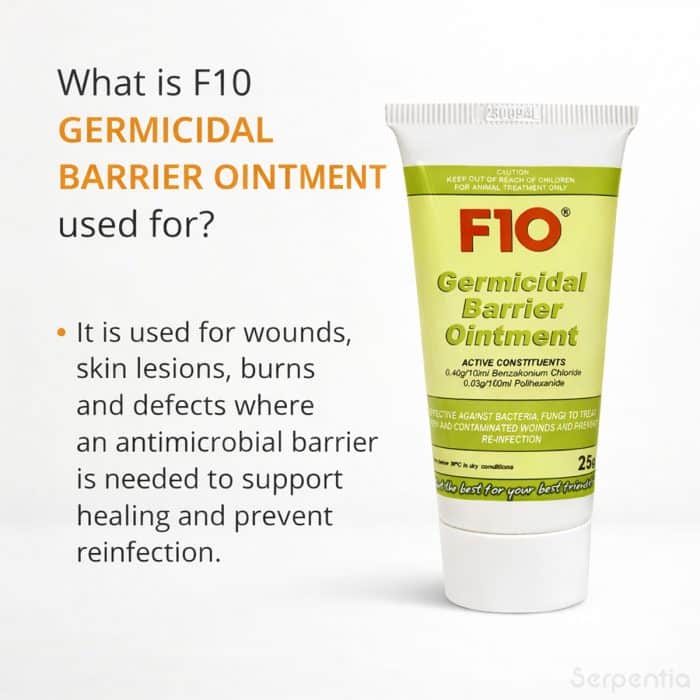 F10 Germicidal Barrier Ointment 25g infographic explaining uses for wounds, burns and skin lesions requiring antimicrobial protection.