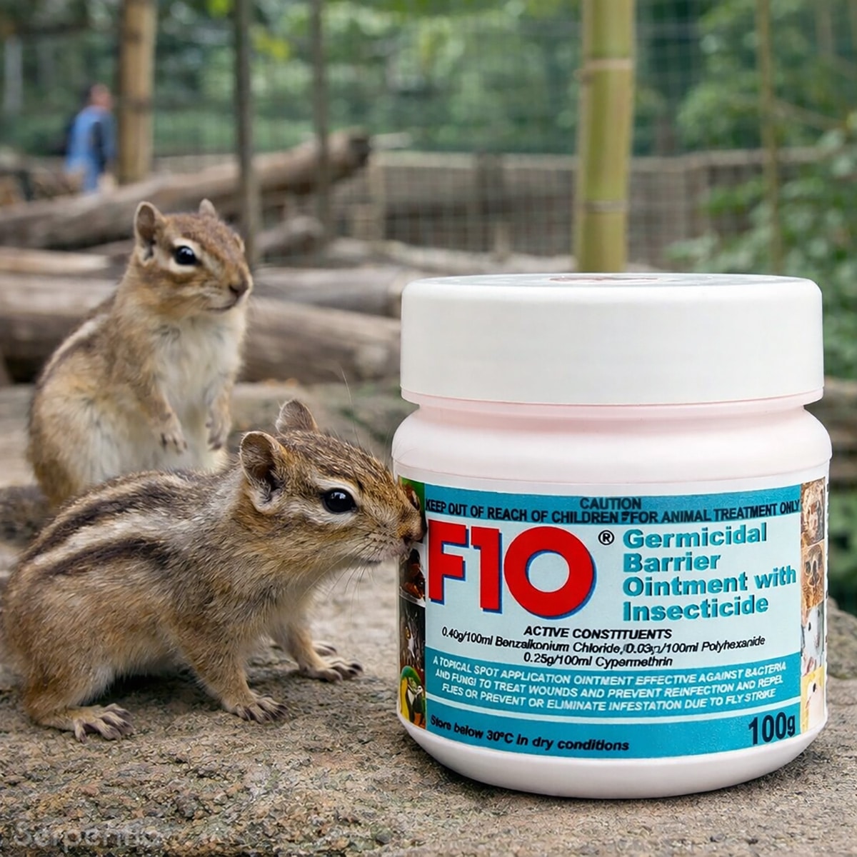 F10 Germicidal Barrier Ointment with Insecticide 100g shown with small wildlife for wound protection and fly-strike prevention