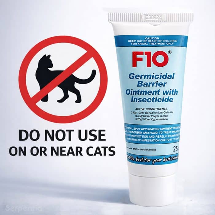 F10 Germicidal Barrier Ointment with Insecticide 25g warning – do not use on or near cats