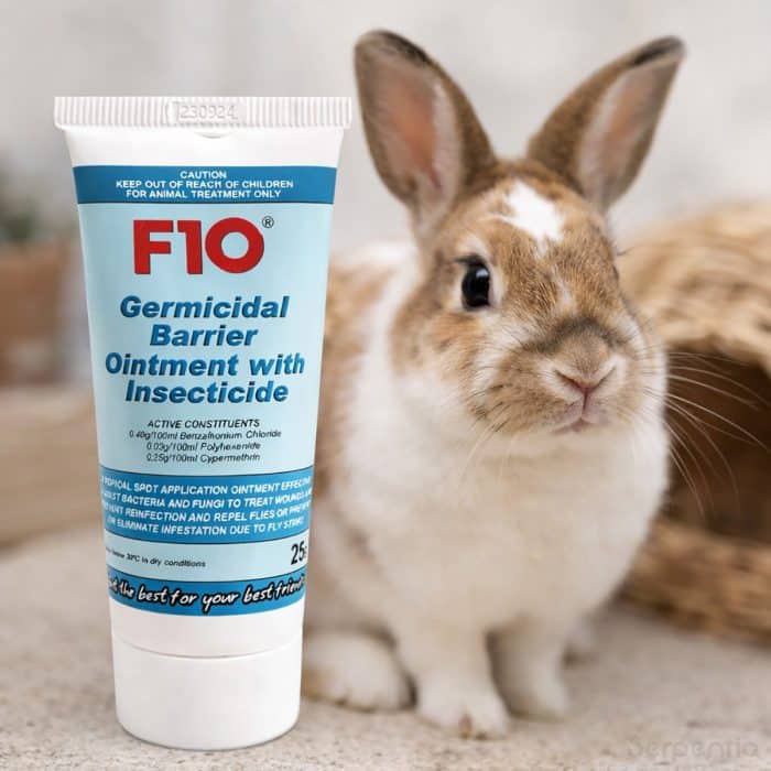 F10 Germicidal Barrier Ointment with Insecticide 25g shown next to rabbit for post fly-strike wound care
