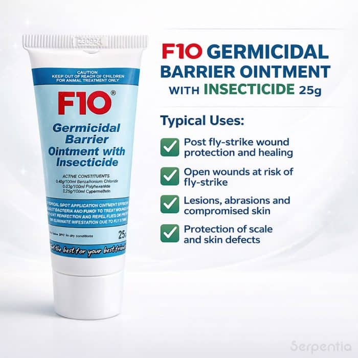 F10 Germicidal Barrier Ointment with Insecticide 25g typical uses including fly-strike protection and wound care