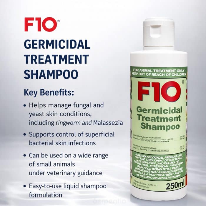 F10 Germicidal Treatment Shampoo 250ml key benefits for managing fungal and bacterial skin conditions