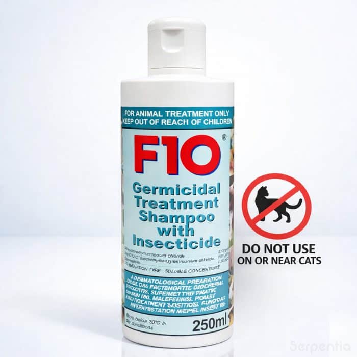 F10 Germicidal Treatment Shampoo with Insecticide 250ml do not use on or near cats warning