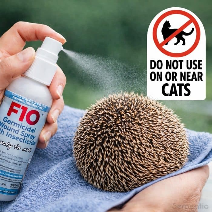 F10 germicidal wound spray with insecticide being applied to a hedgehog, with clear warning not to use on or near cats.