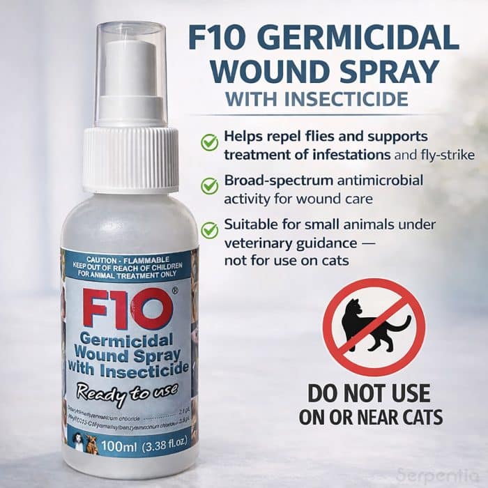 F10 germicidal wound spray with insecticide highlighting key benefits and suitability for animals, not for use on cats.