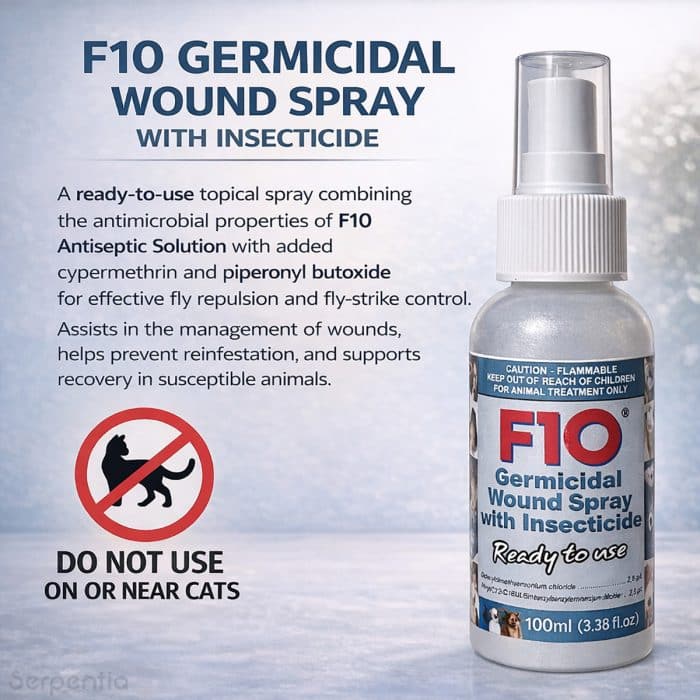 F10 germicidal wound spray with insecticide showing product information and warning not to use on or near cats.