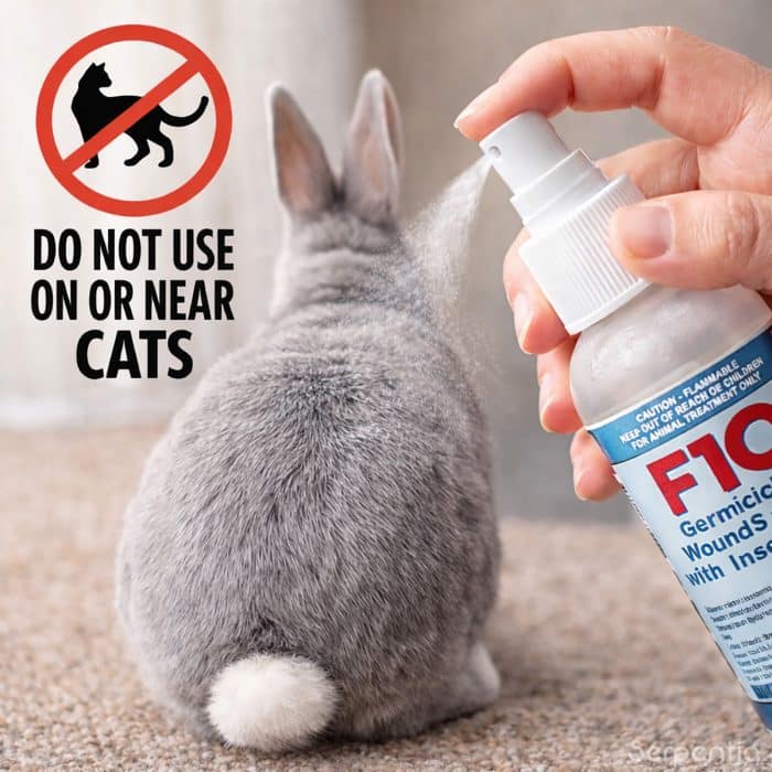 F10 germicidal wound spray with insecticide applied to a rabbit, showing cat safety warning not to use on or near cats.