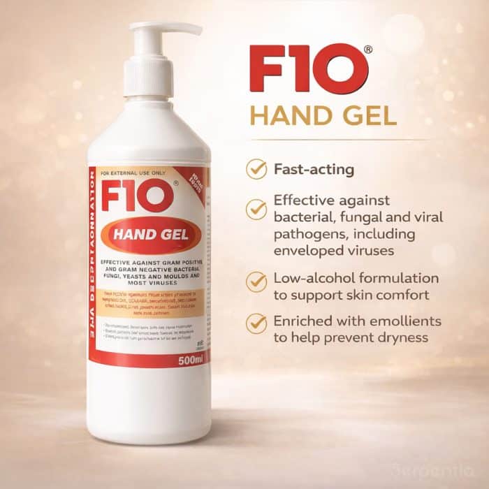 F10 hand gel 500ml infographic showing fast acting and skin friendly formulation