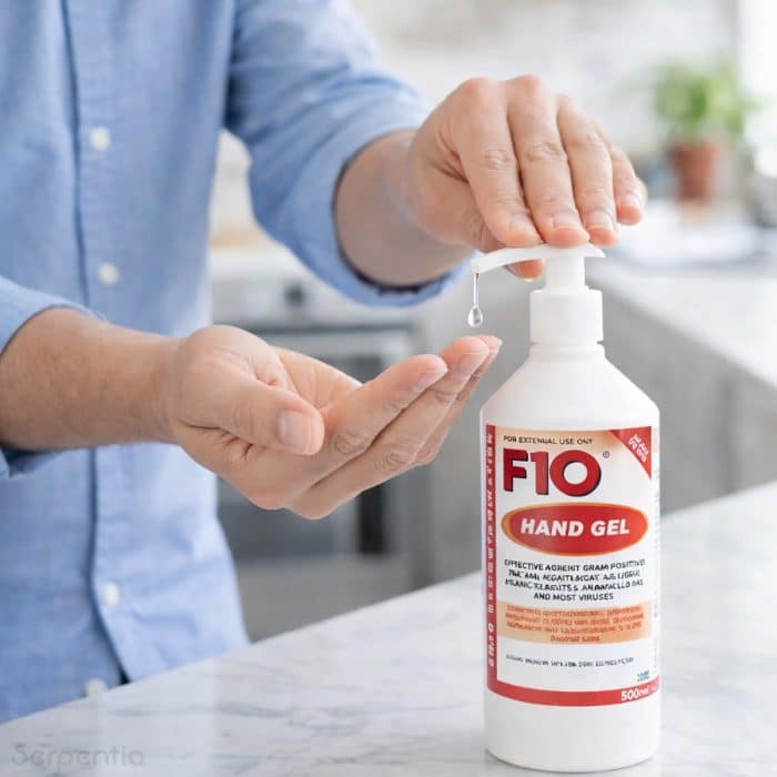 F10 hand gel 500ml being dispensed onto hands for routine hygiene and disinfection