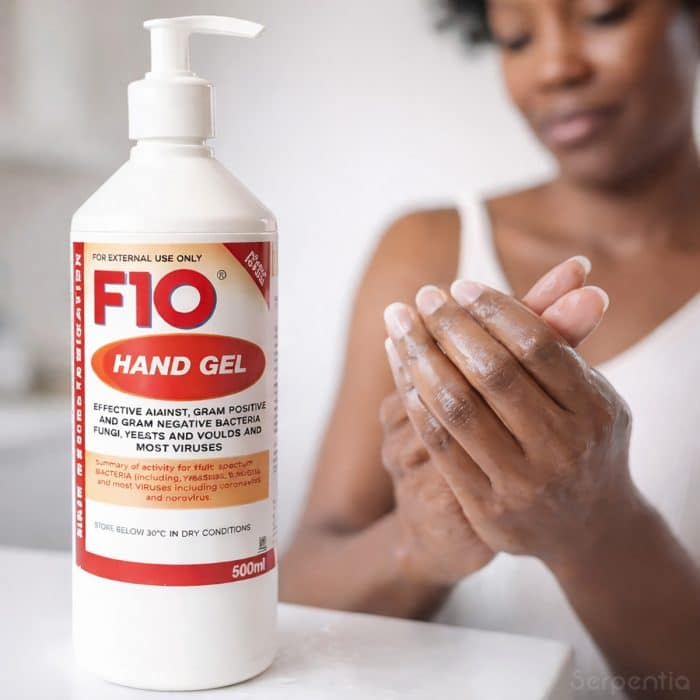 F10 hand gel 500ml applied to hands for everyday personal hygiene