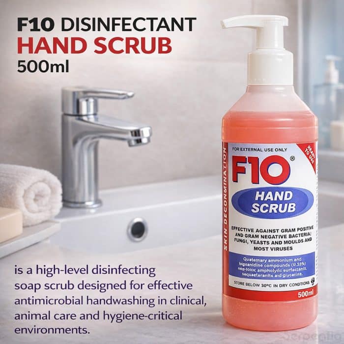 F10 Hand Scrub 500ml disinfectant hand scrub bottle displayed in a bathroom setting