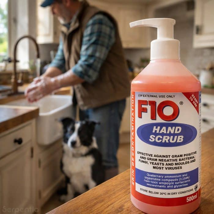 F10 Hand Scrub 500ml used for effective hand hygiene in a home environment with pets