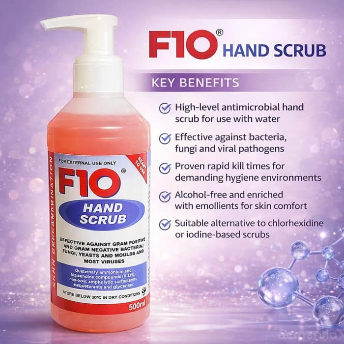 F10 Hand Scrub 500ml key benefits infographic showing antimicrobial protection and skin-friendly formula