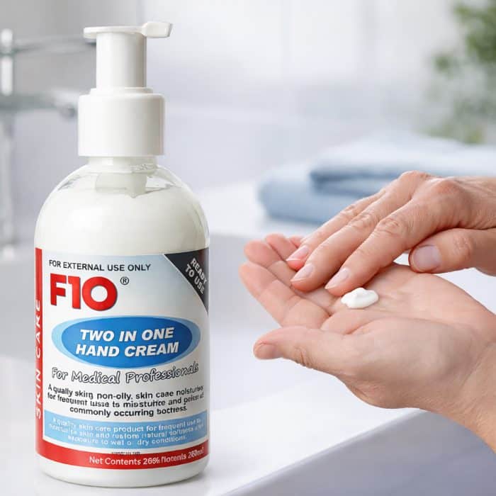 F10 two in one hand cream applied to hands for everyday skin care and hygiene
