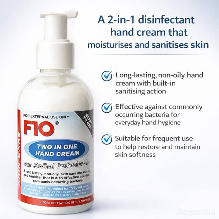 Infographic showing F10 two in one hand cream that moisturises and sanitises skin for frequent use