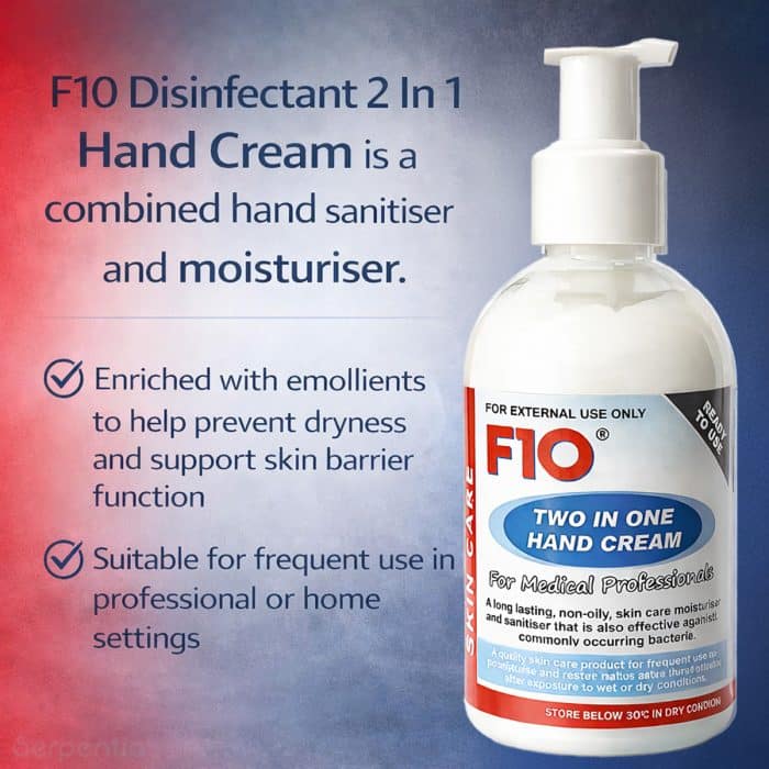 F10 disinfectant two in one hand cream infographic highlighting suitability for professional and home settings