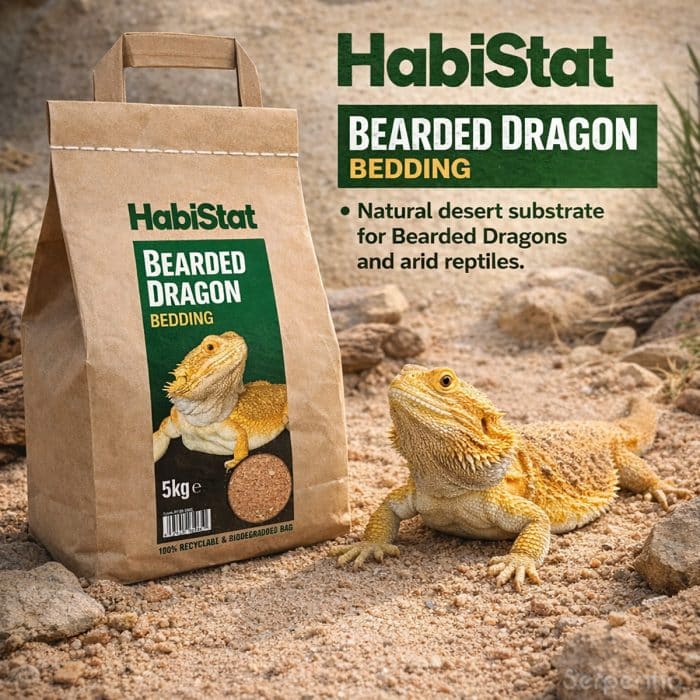 HabiStat Bearded Dragon Bedding 5kg natural desert substrate shown with bearded dragon in arid habitat