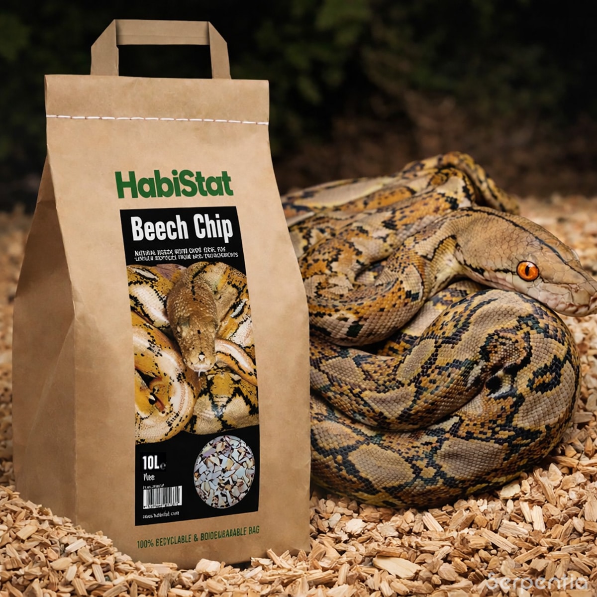 HabiStat Beech Chip Bedding 10L fine beech wood substrate shown with snake in dry enclosure