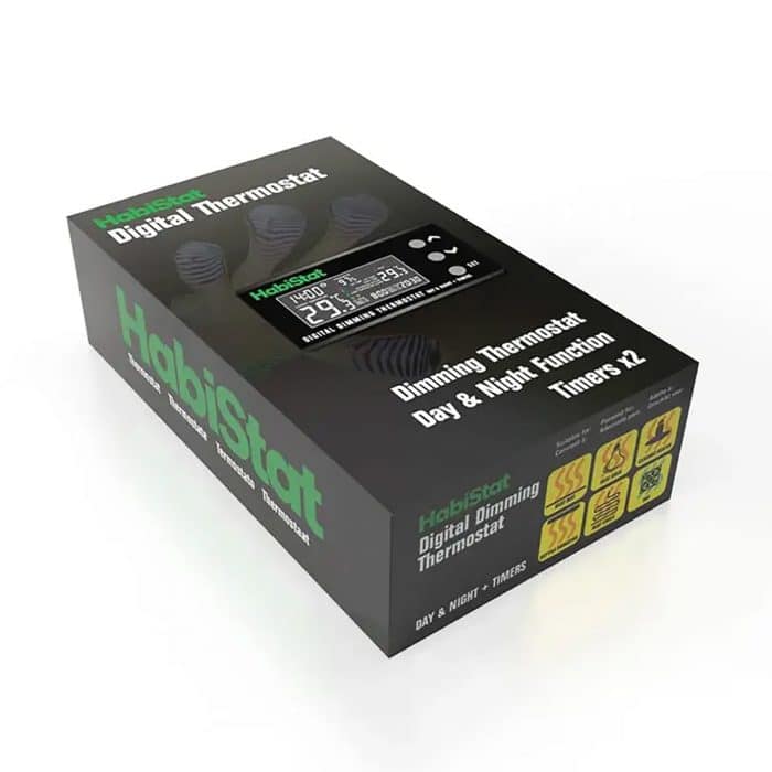 HabiStat digital dimming thermostat retail box showing day and night timer features.
