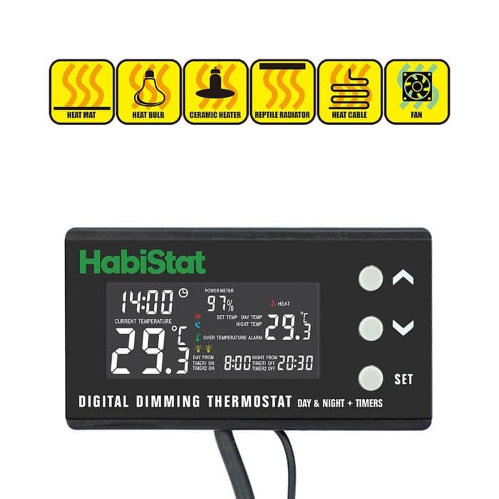Icons showing compatible heating devices for the HabiStat digital dimming thermostat.