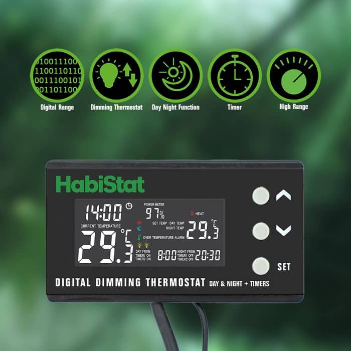 HabiStat digital dimming thermostat features including timers and day night control.