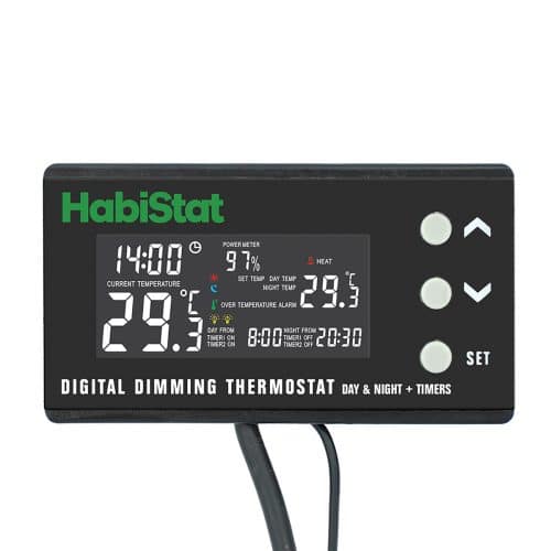 Front view of the HabiStat digital dimming thermostat with day and night display.