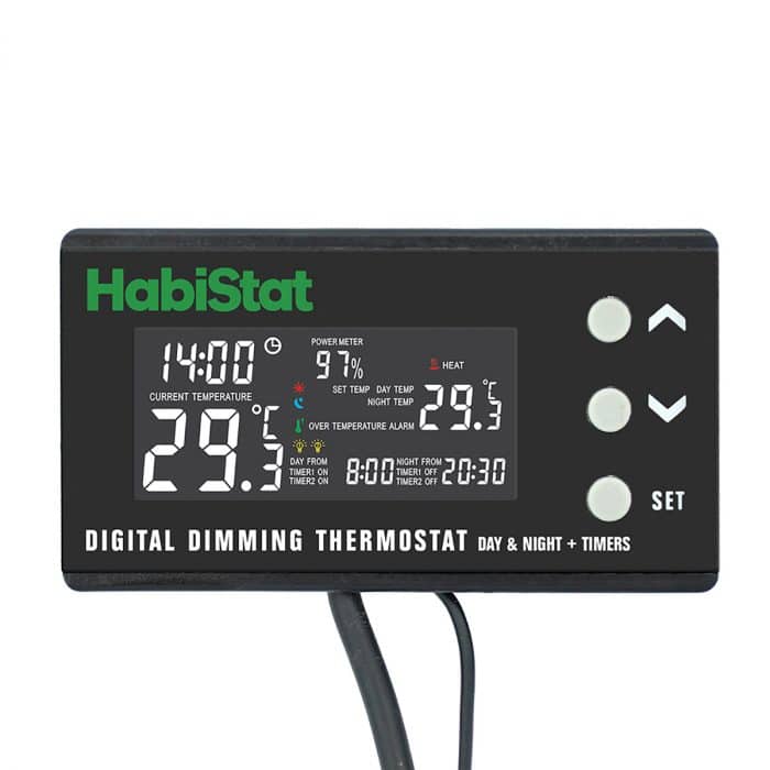 Front view of the HabiStat digital dimming thermostat with day and night display.