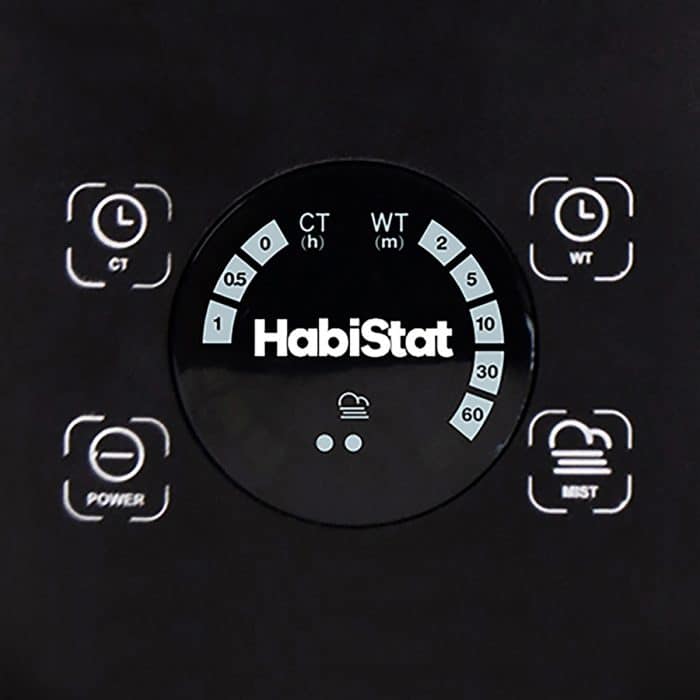 Close-up of HabiStat humidifier control panel with timer and mist settings