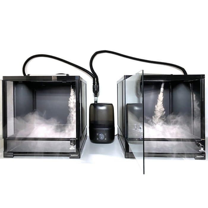 HabiStat humidifier using dual outlet to supply mist to two separate reptile enclosures