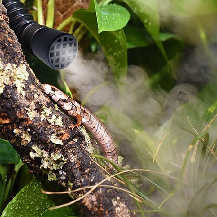 HabiStat humidifier hose cap fitted to a humidifier hose inside a terrarium, allowing safe and controlled misting