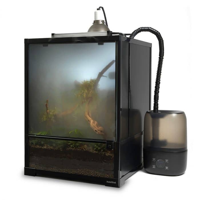 HabiStat humidifier connected to a reptile terrarium with lighting fitted