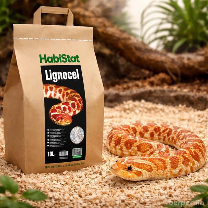 HabiStat Lignocel Bedding 10L wood fibre substrate shown with hognose snake in dry enclosure