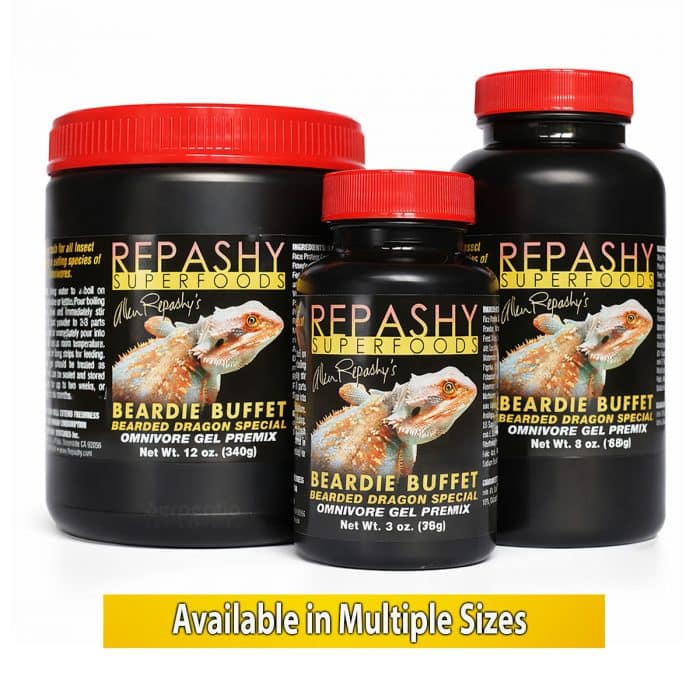 Repashy Beardie Buffet Bearded Dragon Food shown in multiple sizes, 85g, 170g & 340g jars.