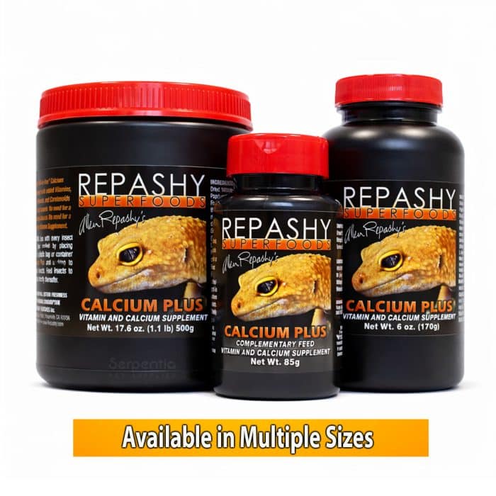 Repashy Calcium Plus vitamin and calcium supplement shown in multiple sizes for reptiles and amphibians.