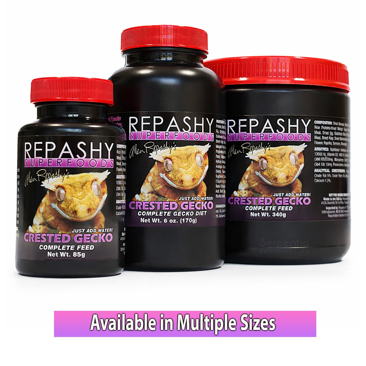 Repashy Crested Gecko Diet shown in multiple sizes, 85g, 170g & 340g jars.