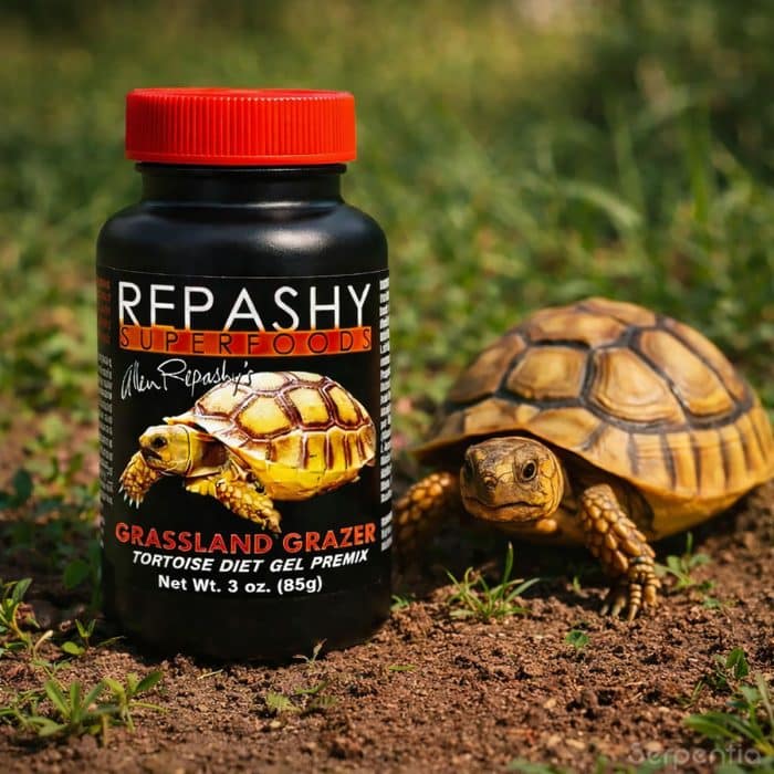 Repashy Grassland Grazer 85g tortoise diet shown with a tortoise outdoors on natural grass
