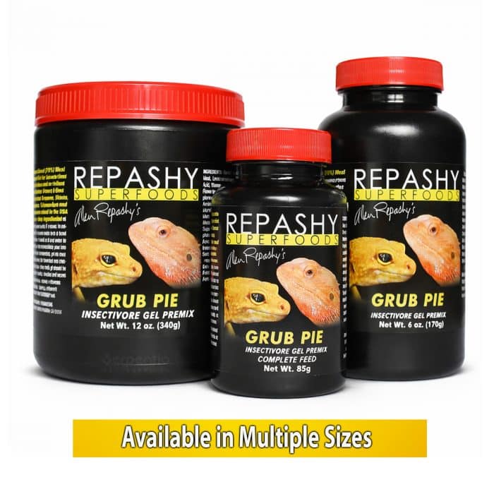 Repashy Grub Pie Reptile Complete Reptile Food shown in multiple sizes, 85g, 170g & 340g jars.
