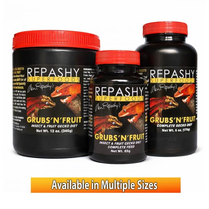 Repashy Grubs N Fruit Gecko Diet shown in multiple sizes, 85g, 170g & 340g jars.
