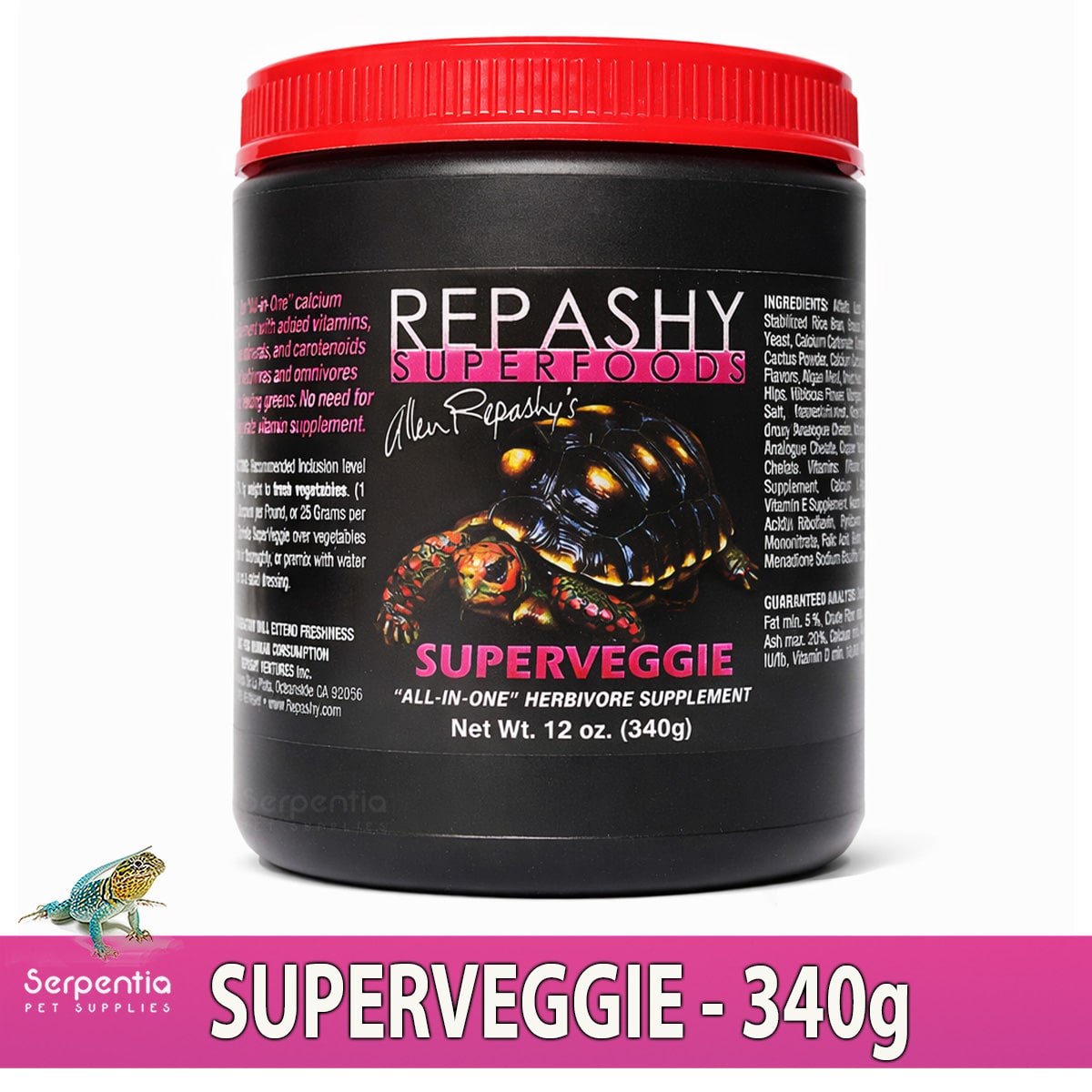 Repashy SuperVeggie all-in-one herbivore supplement for reptiles and amphibians, 340g.