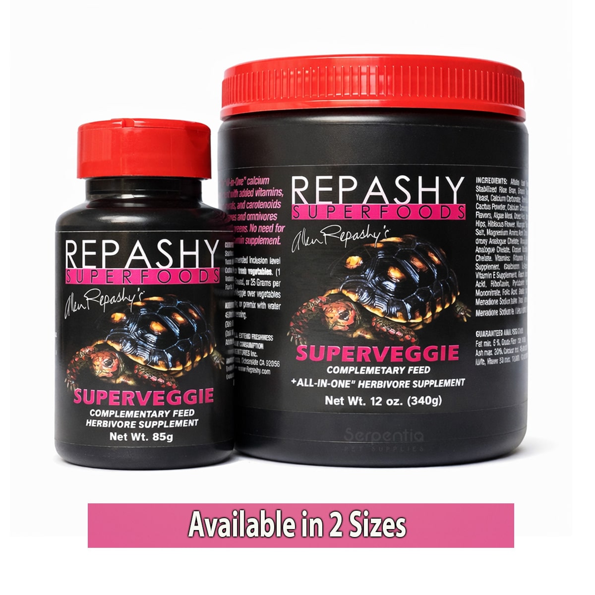 Repashy SuperVeggie all-in-one herbivore supplement for reptiles and amphibians is available in two sizes, 85g and 340g.