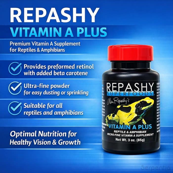 Repashy Vitamin A Plus 85g reptile and amphibian vitamin supplement showing key features and benefits.
