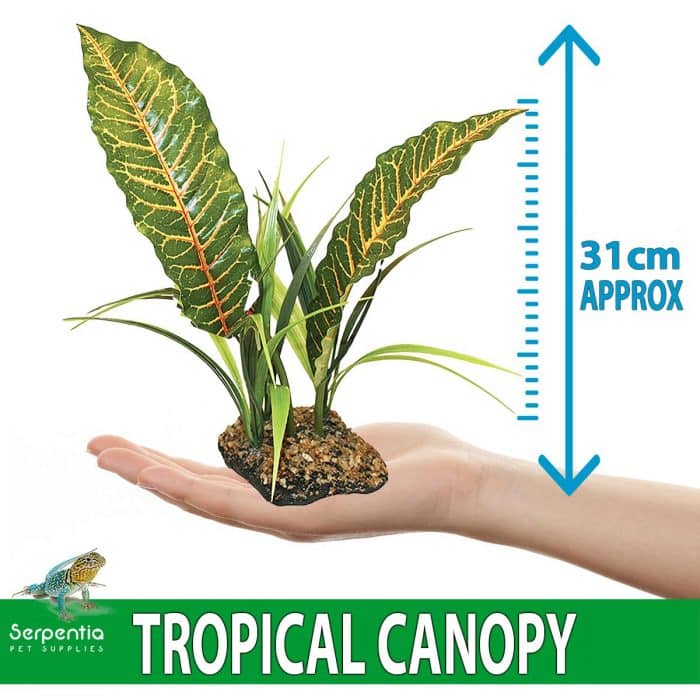 Artificial Tropical Canopy vivarium plant 31cm height shown in hand for size reference